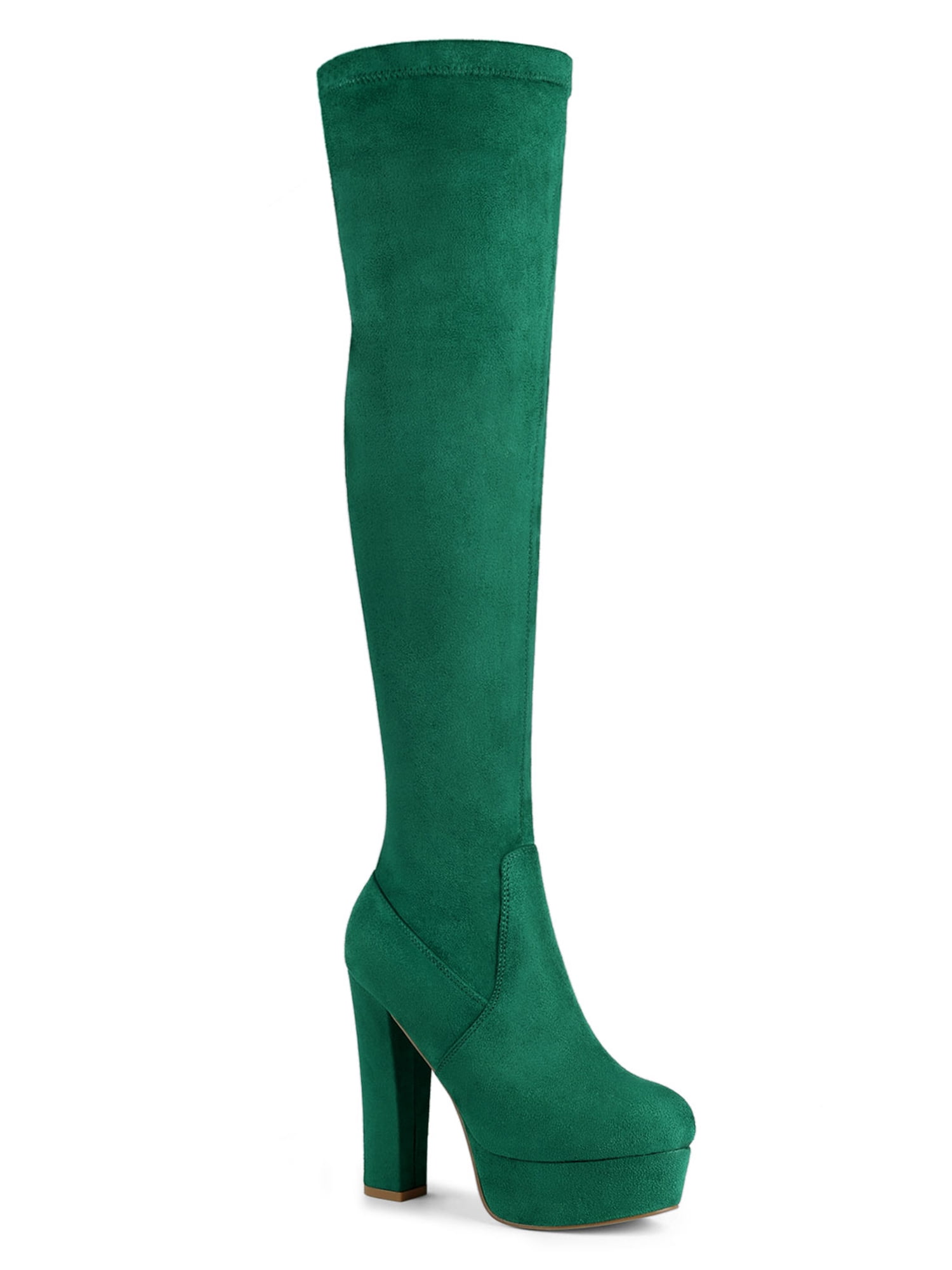 Unique Bargains Bottes Cuissardes à Plateforme à Talon Bloc pour Femme Vert 8,5