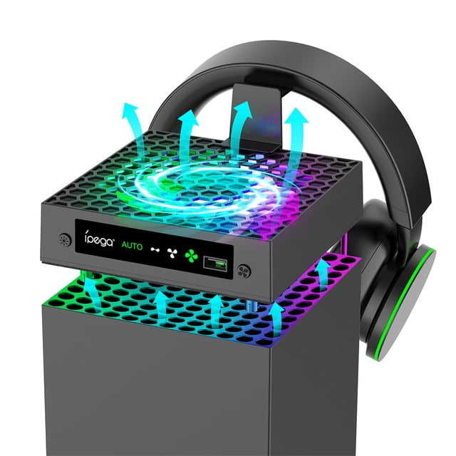 Cooling fan compatible for Xbox Series X with RGB lights, shown mounted on top of the console. The fan features a perforated design for airflow, adjustable speed settings, and a USB 2.0 port. A headset stand is attached to the side, and vibrant RGB lighting effects are visible. The fan is designed for optimal heat dissipation and includes a memory function for speed settings.