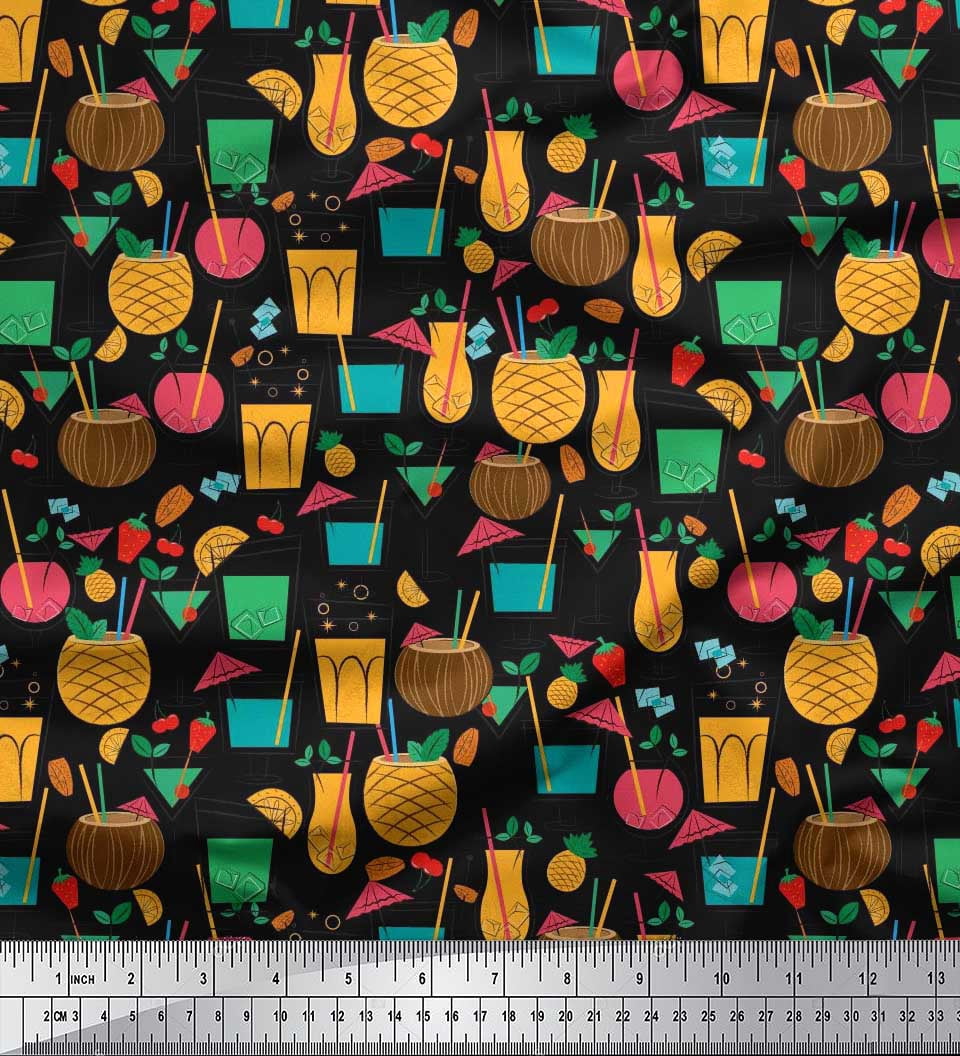 Soimoi Silk Fabric Straw,Glass & Coconut Drink Summer Designs Print Sewing Fabric Yard 42 Inch Wide