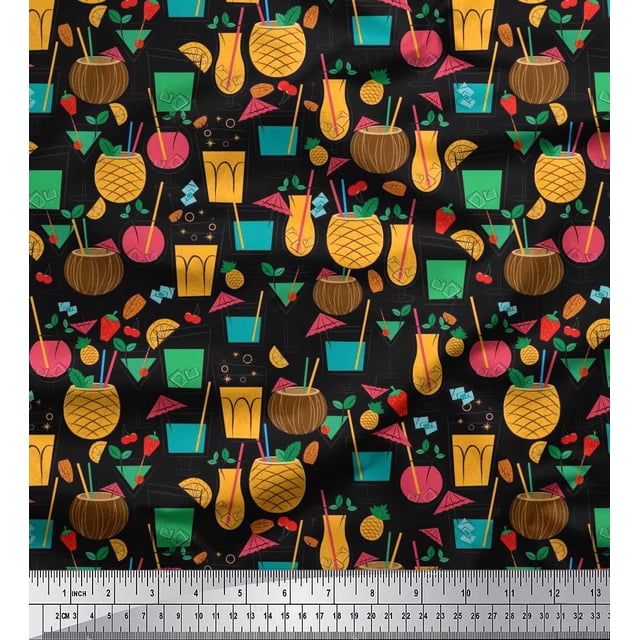 Soimoi Rayon Crepe Fabric Straw,Glass & Coconut Drink Summer Designs Print Fabric by Yard 46 Inch Wide