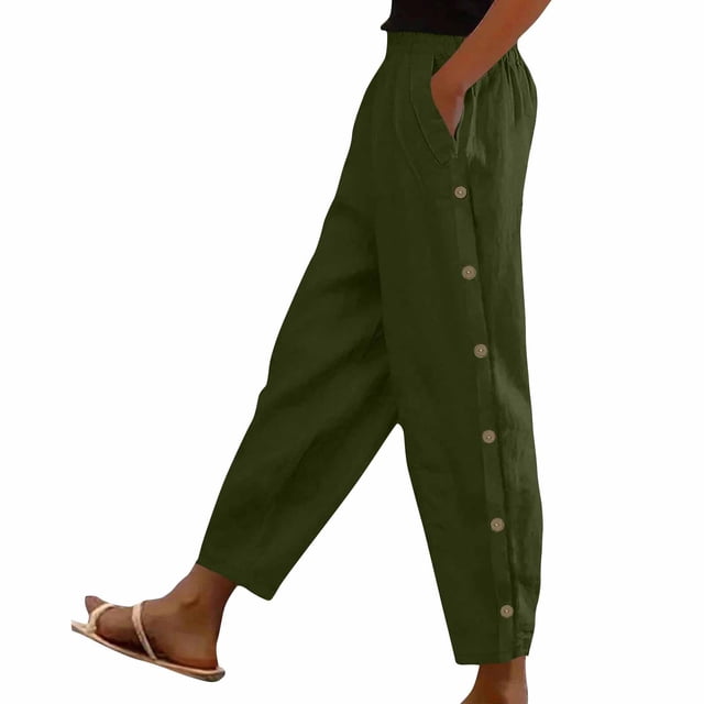 Timegard Womens Pants Elastic High Waist Lightweight Side Button Solid Color Lounge Trousers with Pockets