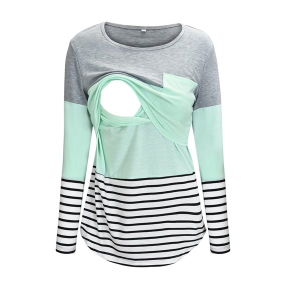 Grrvtrz Nursing Tops for Women Breastfeeding Long Sleeve Crew Neck Striped Patchwork Maternity Shirts Postpartum Tees