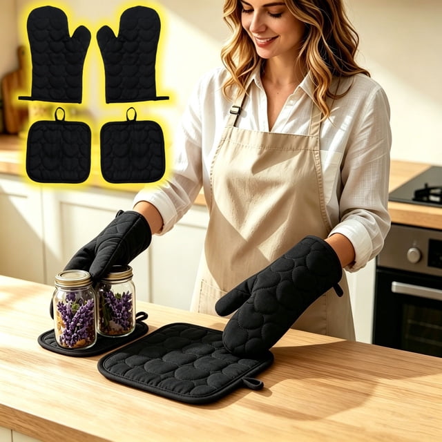 Oven Mitts and Pot Holders Set with Heart Pattern, Cotton Heat Resistant Kitchen Gloves for Baking, Cooking and Grilling