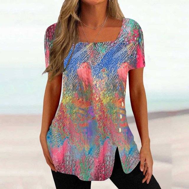 LSLJS Fashion Womens Floral Print T-Shirt Casual Square Neck Short Sleeve Button Tops