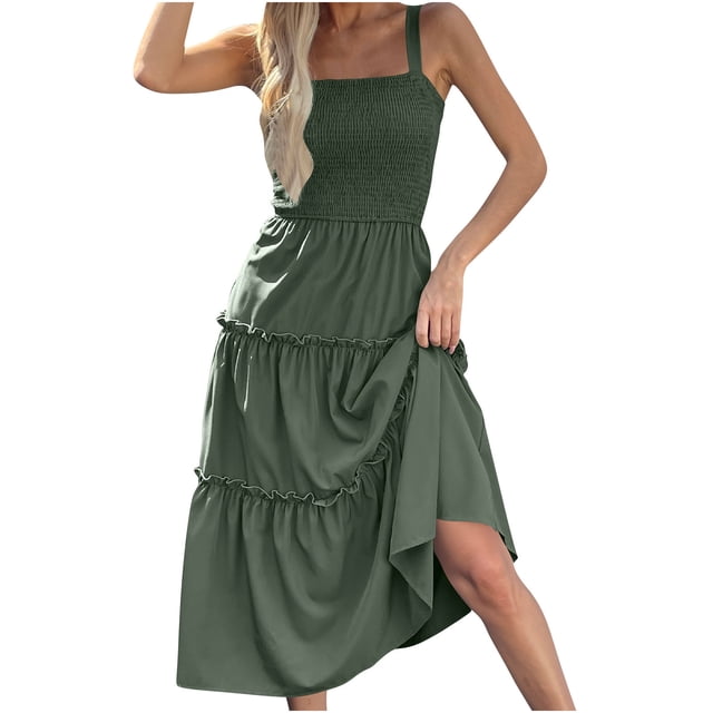 Timegard Robes d'Été pour Femmes Sans Manches à Volants Col Carré Couleur Unie Robe d'Été de Plage Décontractée Smockée