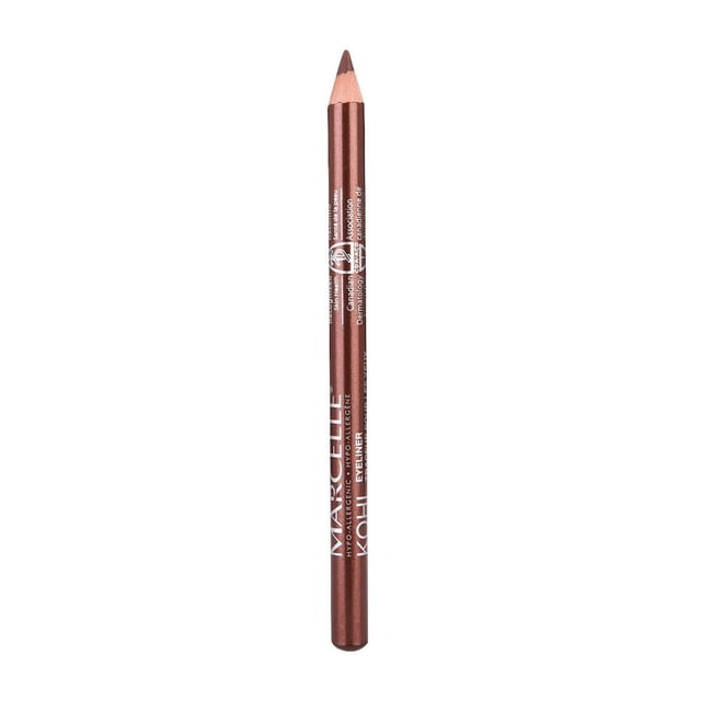 Marcelle Kohl Eyeliner - Eye -Brightening Beige pencil eyeliner with a sharpened tip and smooth brown wooden barrel, featuring white printed hypoallergenic branding text, suitable for sensitive eyes and contact lens wearers.