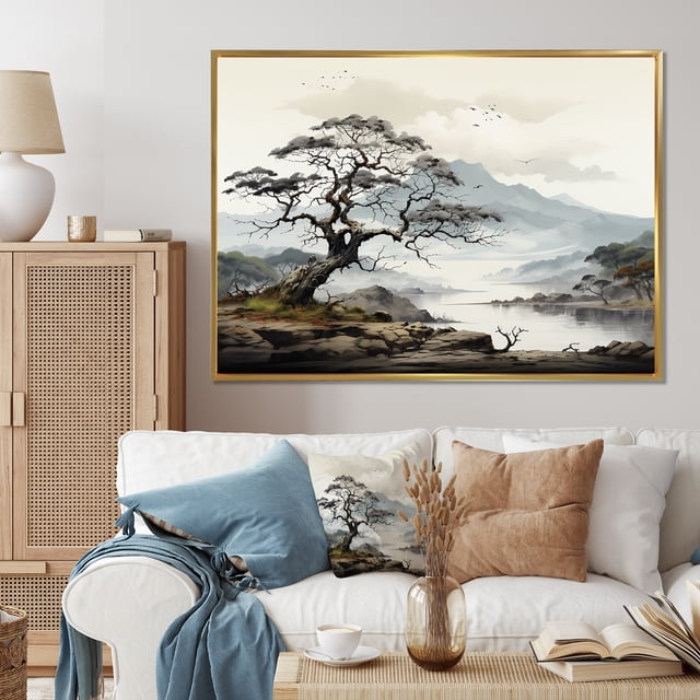 Designart Large Tree Gold framed wall art, Grey Minimalism Tree Ink euphony , Trees framed wall art decor, Grey Traditional Gold framed wall art, 40x30 inches Gold Frame