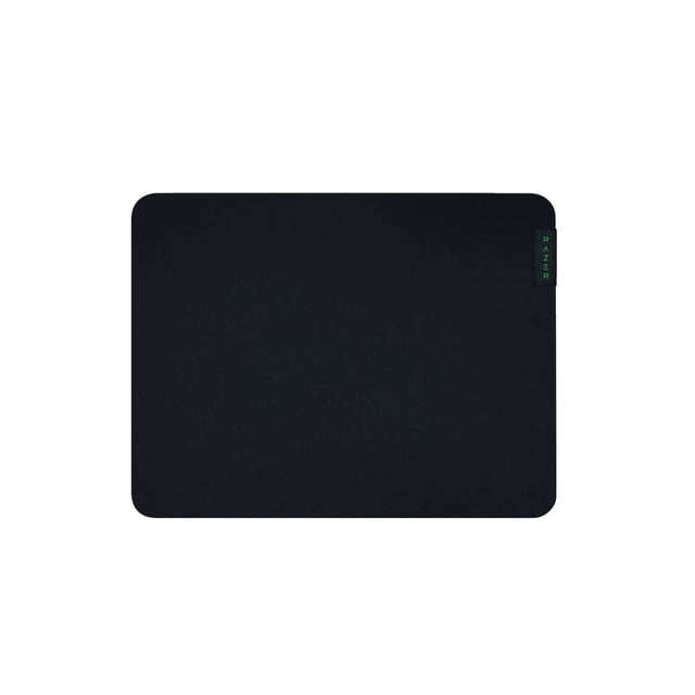 Razer Gigantus V2 Mousemat (M) (PC) with a black rectangular shape and rounded corners, featuring a textured micro-weave cloth surface for precise mouse control, thick high-density rubber foam base for durability and anti-slip grip, and a black tag with green Razer branding on the right edge, suitable for gaming and computer use.