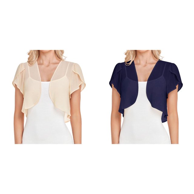 (2-Pack) Kcodviy Women Solid Short Womens Button Down Cardigan Sweaters Sleeve Cropped Bolero Open Womens Button Up Cardigan Sweaters Front Chiffon Cardigan