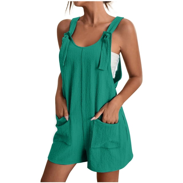 Besolor Women's Plus Size Summer Rompers Sleeveless Adjustable Strap Short Overalls Loose Comfy Jumpsuit with Pockets