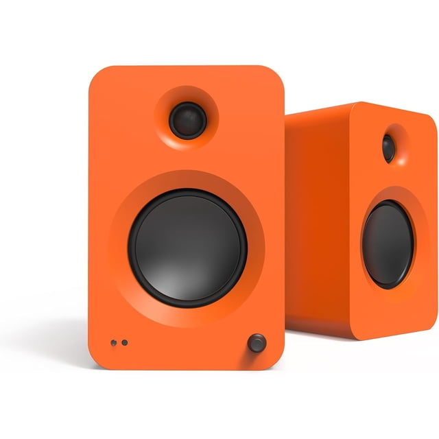 Kanto REN 200W Powered Speaker System with HDMI ARC Input for TV & Home Theater | USB-C and Bluetooth 5.3 | High/Low Pass Filter | Pair | Matte Orange front-facing pair of matte orange powered bookshelf speakers with fabric grilles and trapezoidal cabinets, one showing a side control knob and rubber isolation feet on a neutral surface, positioned to imply wide stereo placement for TV/home theatre; suitable as a compact desktop hi‑fi setup for gaming or streaming.