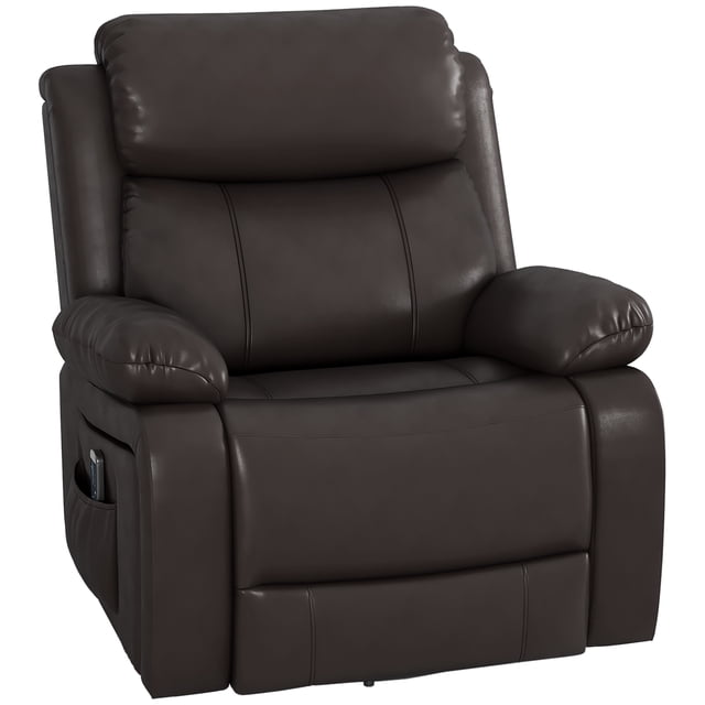 HOMCOM Recliner Chaise Manuelle avec Points de Massage par Vibration, Rembourrée en Cuir PU Brun. la Chaise Présente un Dossier Rembourré, des Accoudoirs Très Rembourrés et un Mécanisme d'Inclinaison Qui s'Étend jusqu'à 150 Degrés. Elle Comprend Huit Points de Massage par Vibration pour le Dos, la Taille, les Cuisses et les Jambes, Contrôlée par une Télécommande Filaire. la Chaise Offre Aussi une Fonction de Pivotement à 360 Degrés et des Poches Latérales pour le Rangement.
