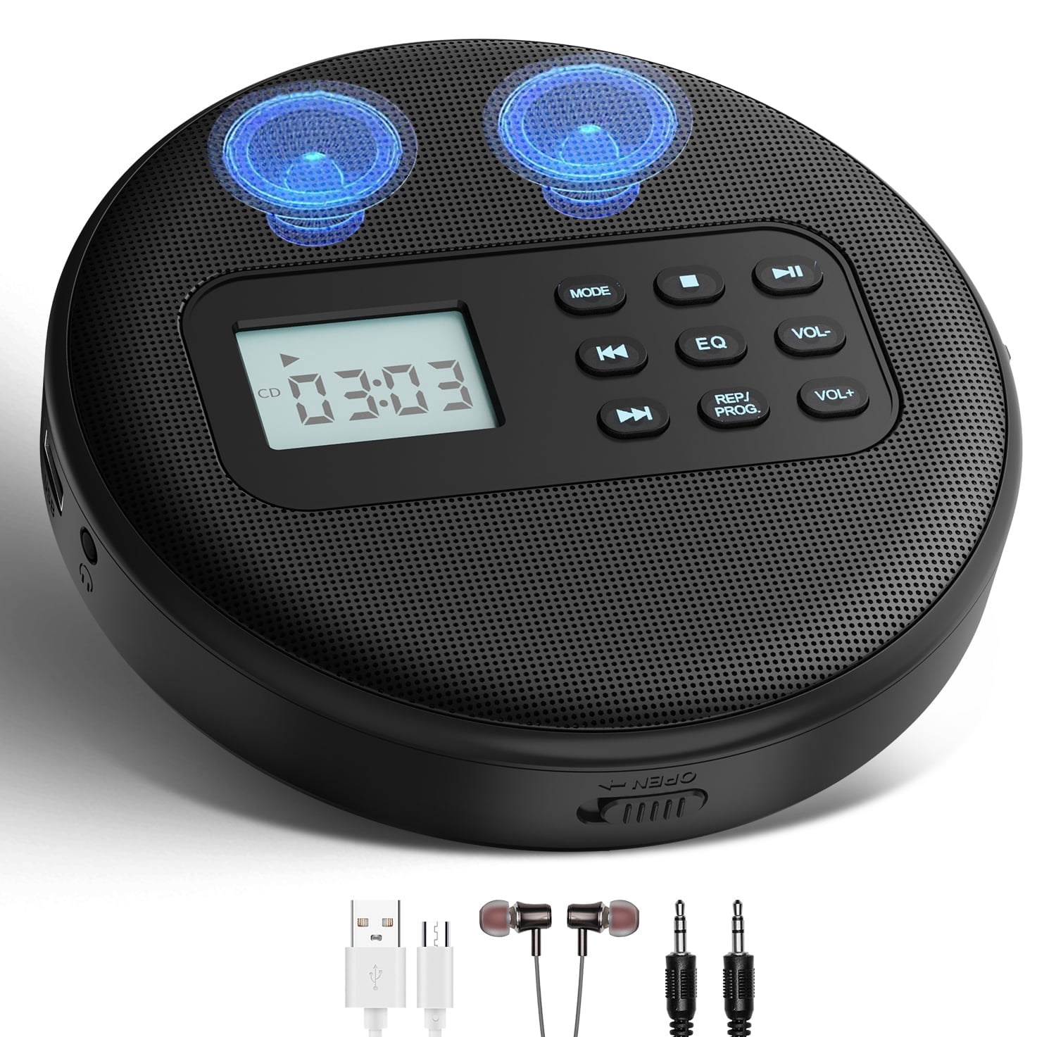 ELEPEX CD Player Portable Rechargeable Portable CD Player for Car with Dual Stereo Speakers and Anti-Skip Protection Discman Walkman CD Player with Hesadphones LCD Display AUX Cable Backlight