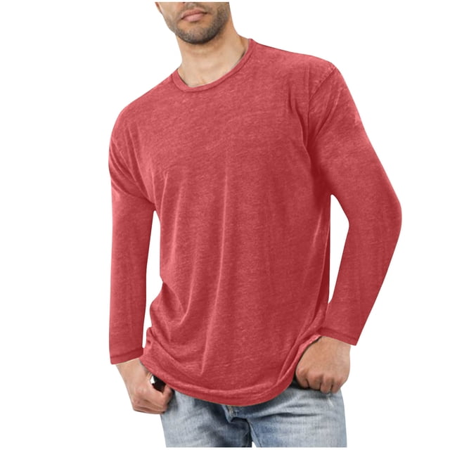 HAiming Men's Long Sleeve Shirts Casual Solid Color Round Neck Pullover Base Tops Plus Size Soft Pajamas Loungewear in a red tone. This men's pajama top features a relaxed fit, long sleeves, and a round neckline, crafted from soft, breathable fabric ideal for lounging or casual wear. Styled with light blue jeans, the shirt is shown in a front-facing view.