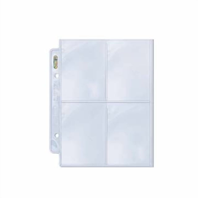 Ultra PRO Platinum Series 4-Pocket Mini Album Pages (100ct) for Standard Size Cards, clear archival-safe polypropylene sheet with four pockets sized for 2.5 by 3.5 inch trading and gaming cards, 2-hole punched for small 2-ring binders, sealed with solid bar seals and featuring Ultra PRO hologram on the spine, also suitable for storing postcards, photos, and artist sketch cards.