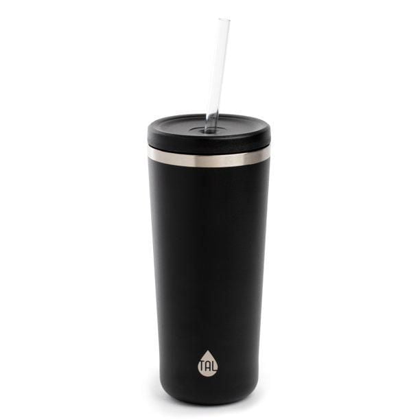 TAL Tumbler en Acier Inoxydable 24 fl oz, Noir, avec un Corps en Acier Inoxydable Noir Mat, Bande Argentée Près du Couvercle, et Couvercle à Vis Noir avec une Paille Réutilisable Transparente, Idéal pour un Rangement durable des Boissons et une Hydratation sur le Pouce.