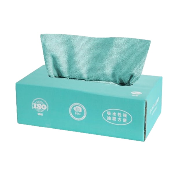 Microfiber Cleaning Cloth, A Box of Friendly Cleaning Cloths - Reusable Absorbent Cleaning Cloths. A teal box containing high-density microfiber cleaning cloths, with one cloth partially pulled out. The cloths are reusable, absorbent, fade-resistant, and ideal for household cleaning tasks such as wiping glass, mirrors, walls, and countertops. Box features ISO and BSCI certification logos.