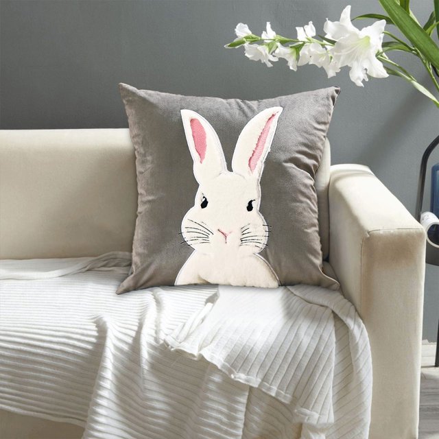 BotaniNest Velvet Rabbit Throw Pillow Embroidery Couple Pillow Cover Pink Throw Pillowcase Sofa Waist Pillow Cute Little Rabbit Throw Pillow