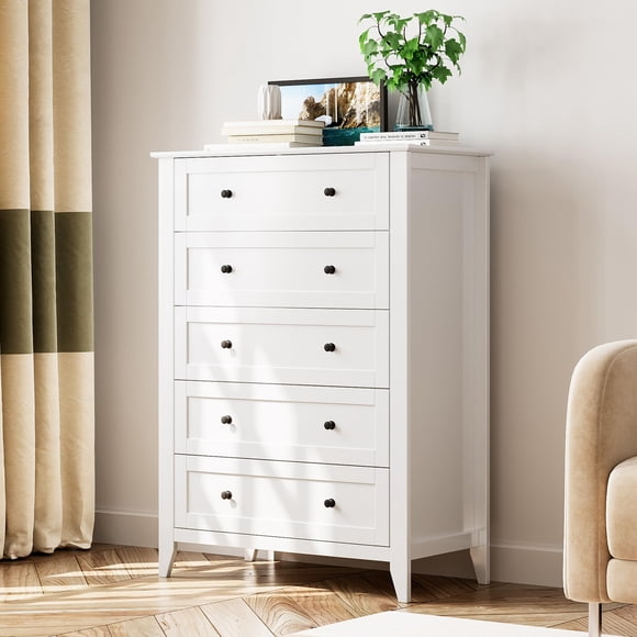 GloryStar 5 Drawer Tall Dresser for Bedroom, Black Modern Wooden Storage Chest with Metal Knobs and Deep Drawers for Clothing, Accessories, Hallway or Entryway Organization