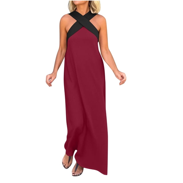 Robes à Encolure Croisée pour Femmes Sans Manches à Blocs de Couleur Robes Maxi Amples Décontractées de Vacances Longue Robe Bordeaux, TG