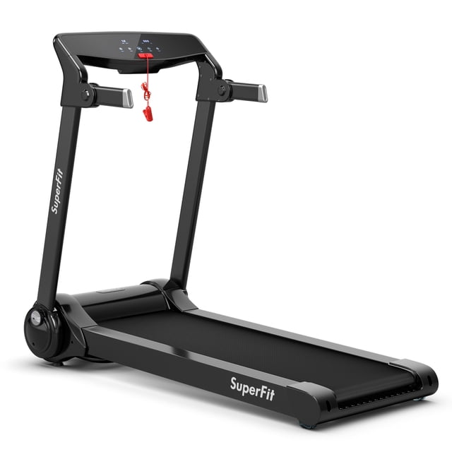Gymax Folding Electric Treadmill 3.0HP Exercise Running Machine in silver and black with a foldable design for easy storage. This exercise machine features a digital display to track speed, time, distance, pulse, and calories, a safety key for emergency stops, and a durable running belt. Includes a powerful 3.0HP motor, Bluetooth connectivity, and a retractable phone holder for app control and entertainment during workouts. Ideal for home, gym, or office use.