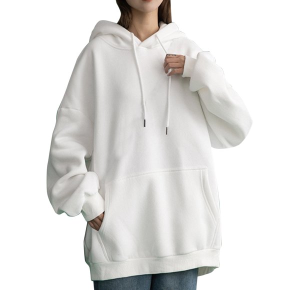 Baberdicy Essentials Hoodie Womens Daily Long Casual Down for Womens Pocket Hooded Sweatshirts Pullover Sleeve Button V Drawstring Hoodies Neck Women's Hoodies Sweatshirts Hoodies for Women White