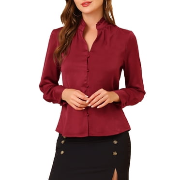 INSPIRE CHIC Women's Ruffled Stand Collar Long Sleeve Button Office Satin Shirt M Dark Red