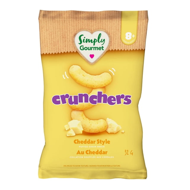 Simply Gourmet Crunchers Cheddar Style baby snack in a yellow and brown 32-gram bag featuring puffed cheddar-flavored grain snacks with cheese pieces, suitable for self-feeders aged 8 months and older.