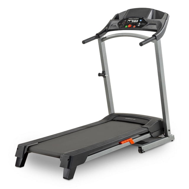 LT ProForm Cadence LT treadmill with black and gray frame, 5-inch high-contrast display, digital quick speed controls, and folding SpaceSaver design, shown from a front-side angle on a white background, ideal for home exercise and fitness training.
