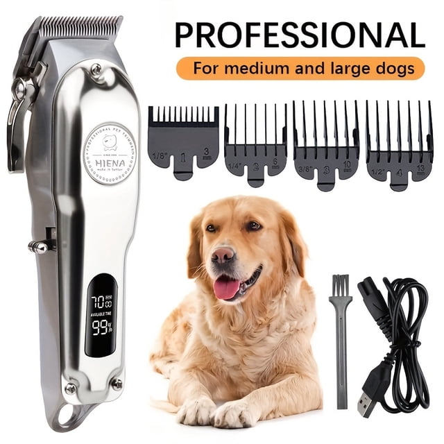 Dog Shaver Pet Grooming Clipper with skin-friendly, high-power blades designed for thick and heavy coats. Includes multiple comb attachments ranging from 1/8 inch to 1/2 inch, a cleaning brush, and a USB charging cable. Features a rechargeable lithium battery and an LED display showing battery life. Suitable for medium and large dogs.