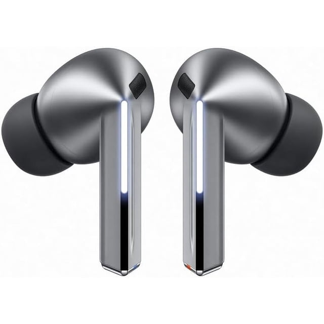 Samsung Galaxy Buds3 Pro true wireless earbuds in a sleek metallic finish, featuring adaptive noise cancellation, AI-assisted features, and 360 Audio technology. Designed for all-day comfort, these earbuds offer 24-bit Hi-Fi sound, sweat and water resistance, and intuitive touch controls. Compatible with Galaxy devices for seamless switching and equipped with a real-time translator for in-person and phone conversations.