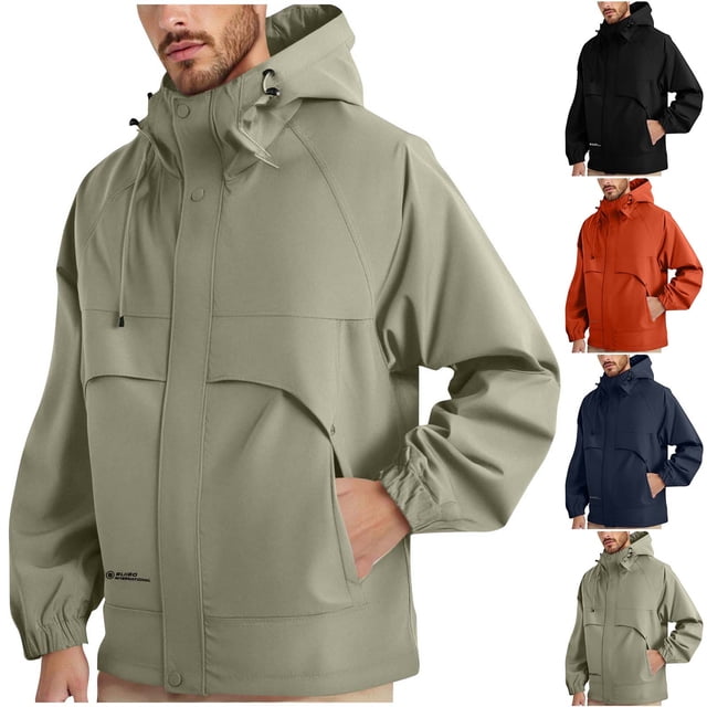 Sentmoon Coats Solid Color Long Sleeve Drawstring Hooded Neck Waterproof Jacket Plus Size Zipper Windbreaker Men Clothing with Pockets Fall and Winter Fashion for Commuting and Bike Riding