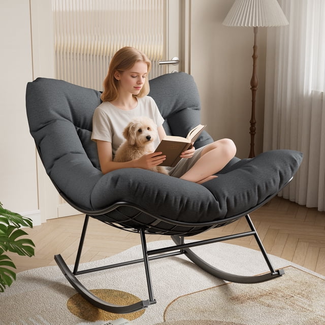 GOGRANT Outdoor Papasan Rocking Chair, Oversized Patio Rocker with Thick Cushion & Sturdy Metal Frame, Wicker Egg Chair for Balcony Backyard Porch Garden, 350LBS Capacity, Black