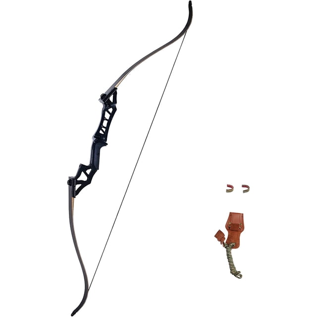 Falcon 60" Takedown Hunting Recurve Bow with a metal riser, designed for right-handed shooters. Features a sleek black finish, high-strength composite materials, and rounded edges for comfort. Includes a detachable limb system for adjustable draw weights ranging from 30 to 70 lbs. Accompanied by a leather accessory pouch and string components.