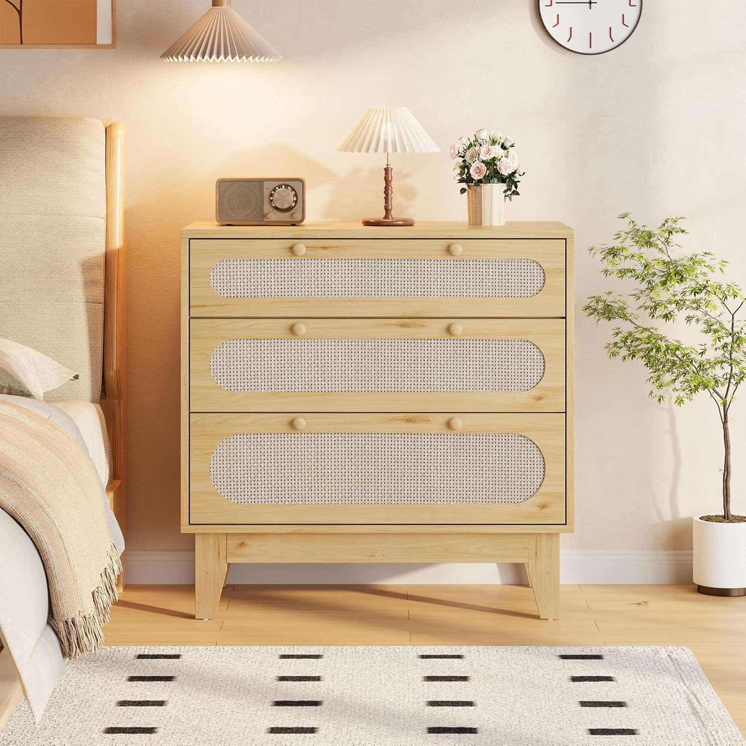 Rattan Nightstand with Drawers, Modern Large Bedside Table Night Stand for Bedroom, Light Oak