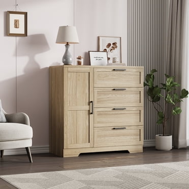 Armoire de Rangement Multifonctionnelle - Garde-Robe en Bois avec 4 Tiroirs et Tringle - Organisateur de Vêtements et Commode pour Chambre, Buanderie Ou Vestiaire - Couleur Bois Naturel
