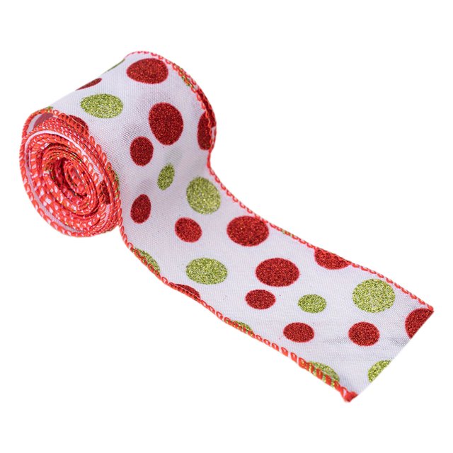 TopLLC Christmas Ribbon Wired 5 Yards 2.5 inch Red and Green Polka Dots Burlap Wired Edge Ribbon, Glitter Christmas Tree Decorative Ribbon Christmas Decorations for Gift Wrapping Craft Bows Wreaths