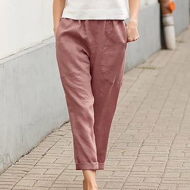 yievot Women's Elastic Waist Casual Pants Solid Color Large Pocket Cotton Linen Straight Pants