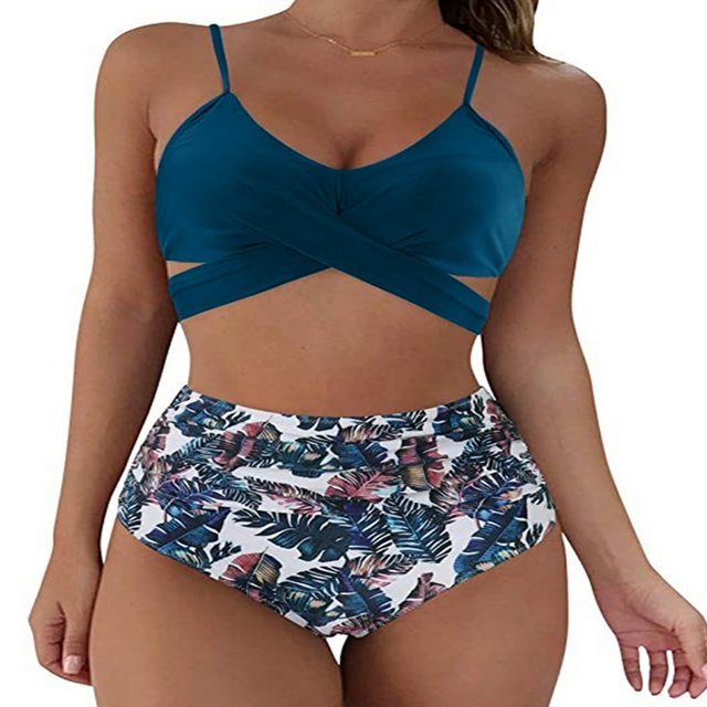 Female Two-Piece Bathing Suit Spaghetti Strap Bikini Tops Leopard Print Bikini Panties Swimsuits Yellow L