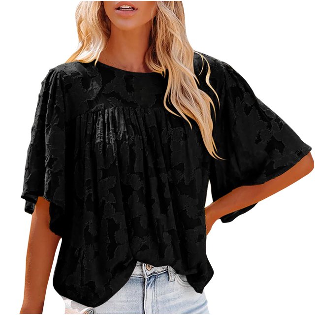 CEHVOM Mode Femmes Été Demi-Manche Pull Couleur Unie Casual Chemisier Tops