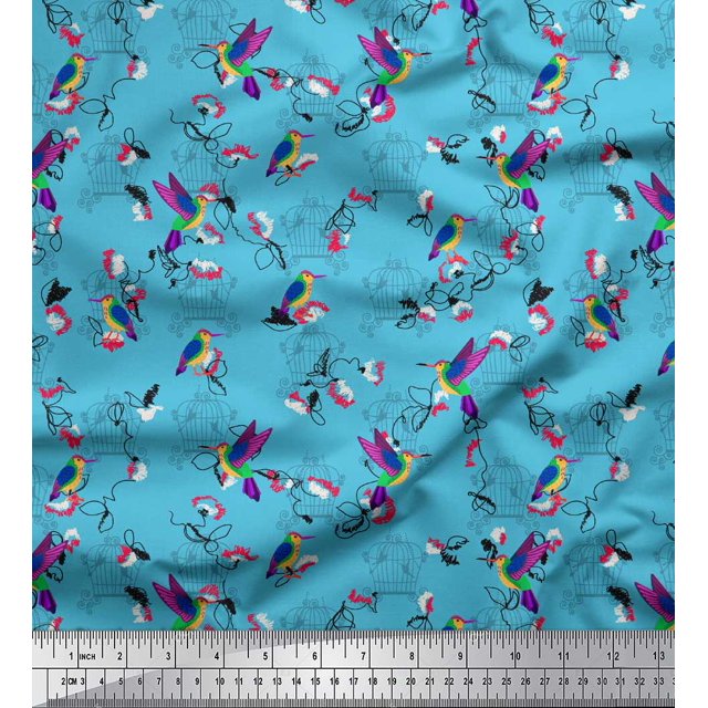 Soimoi Blue Poly Georgette Fabric Cage & Humming Bird Print Fabric by the Yard 42 Inch Wide