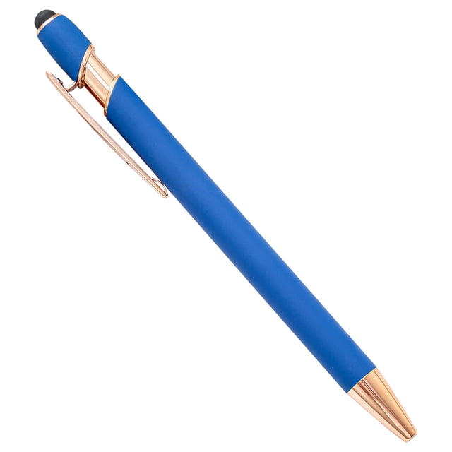 ZTTD 1 Pcs Ballpoint Pen in blue with a fine point for smooth writing. The pen features a soft-touch blue barrel with rose gold accents, including a clip and tip. It is suitable for writing, journaling, and taking notes at home, in the office, or for school use. The pen also includes a soft tip for touchscreen devices, adding convenience to daily tasks.