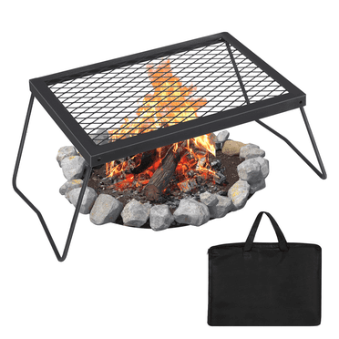 Campfire Grill Grate with Foldable Legs 17x12.2 Inch, Heavy Duty Steel Grate, Portable Over Fire Camp Grill with Carry Bag, Campfire Cooking Equipment for Outdoor Open Flame Cooking