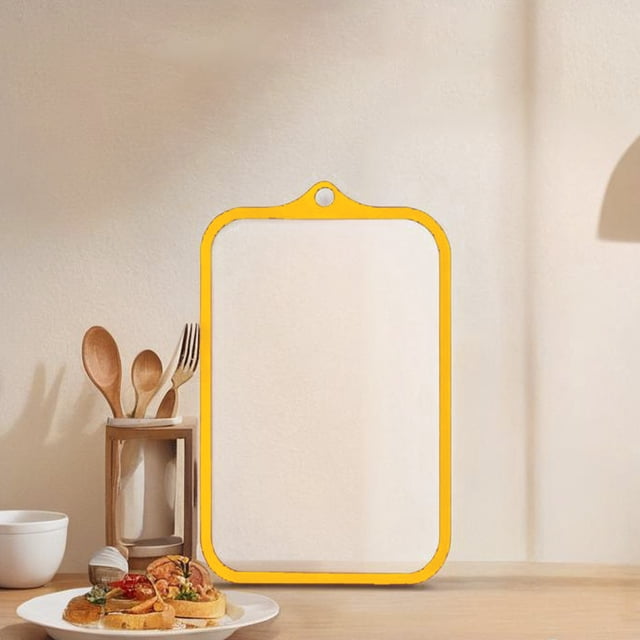 Chmadoxn Transparent Tempered Glass Vegetable Board with a yellow silicone edge, designed for double-sided use in the kitchen. The board measures 30x20cm (11.81x7.87in) and features high-temperature resistance up to 300°C, a nonslip surface, and an invisible groove to collect liquids. Ideal for cutting fruits, vegetables, and cooked foods separately to prevent contamination. Includes a hanging hole for convenient storage.