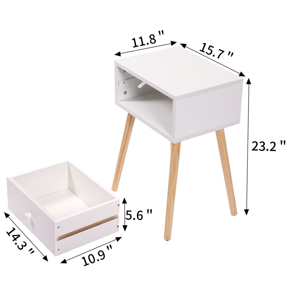 MesaSe Century Modern Nightstand  Wood Bed Side Table with Drawer  End Table for Living Rooms Bedrooms  Home Furniture  White and Natural