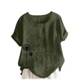 thumbnail image 1 of LMKIHUSA Short Sleeve Linen Shirts for Women Petite Crew Neck Buttons Tops Boho Floral Print Tunic Tees Casual Fashion Summer 2025 Blouses Army Green,XXL, 1 of 4