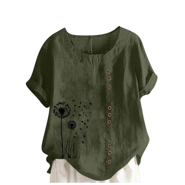 LMKIHUSA Short Sleeve Linen Shirts for Women Petite Crew Neck Buttons Tops Boho Floral Print Tunic Tees Casual Fashion Summer 2025 Blouses Army Green,XXL