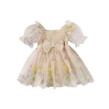 EYIIYE Barboteuse d'Été pour Fille 0 3M 6M 12M 18M 24M Robe Décontractée pour Tout-Petit Bébé Manches Courtes Bouffantes Robe Trapèze Justaucorps Côtelé à Nœud devant Jupe Ourlet en Tulle pour Nouveau-Né Robe de Princesse pour Vacances Fête