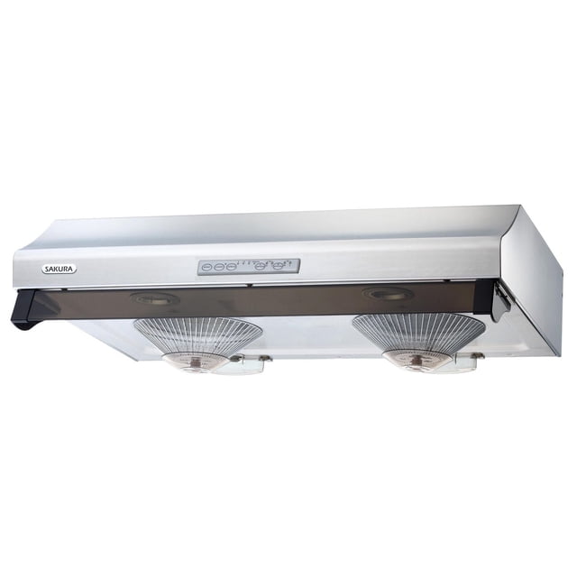 Sakura 30" Stainless Steels Range Hood R8168M under-cabinet ventilation hood in brushed stainless steel with twin centrifugal turbo fans, three-layer aluminum grease filters, front smoke cover, and control panel for three-speed fan and dual halogen lights.