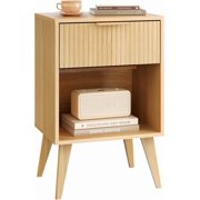 Fluted Night Stand with Opening Storage,Mid Century Bedside Table with Drawer,Wood Nightstand with Solid Wood Legs,End Table Side Table for Living Room,Bedroom,Natural